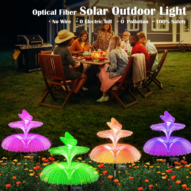 Set 2 Lampă solară decorativă, meduză, pentru grădină, cu lumină LED RGB, fibră optică, 7 culori