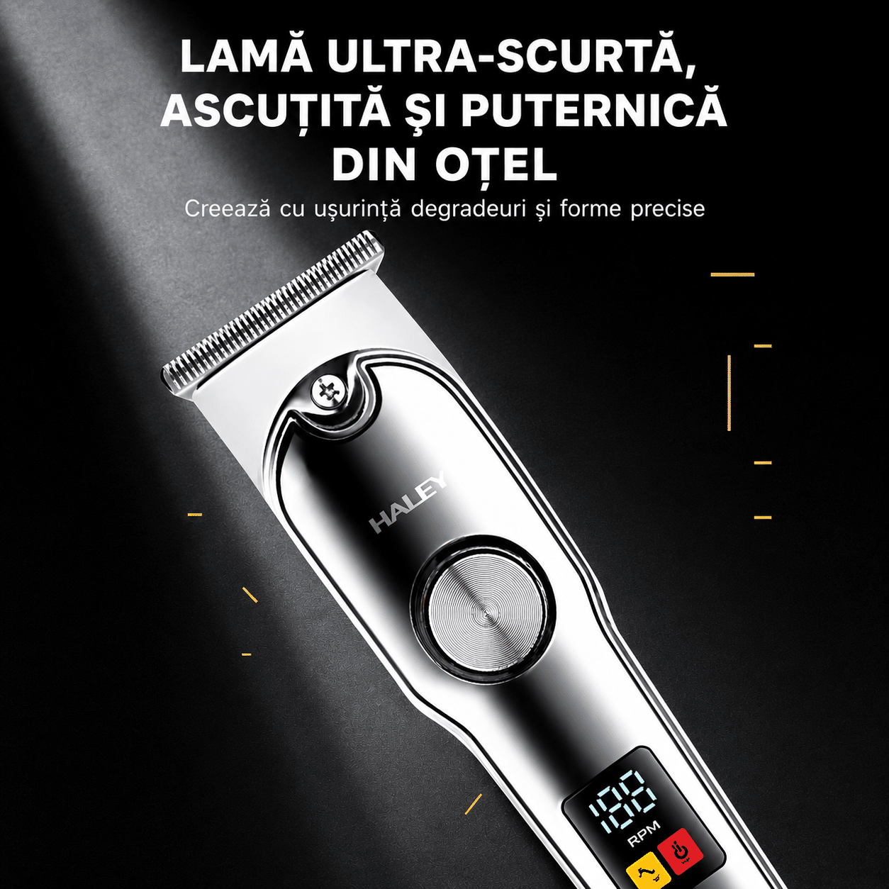 Mașină Profesională de Tuns și Contur HALEY HY-4518/HY-4519, Acumulator 500mAh, Autonomie 60 Min, Display LED, 4 Piepteni 1.5–6 mm, Încărcare USB
