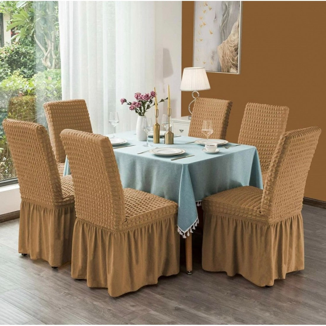 Set 6 Huse Scaune cu Volane Bej