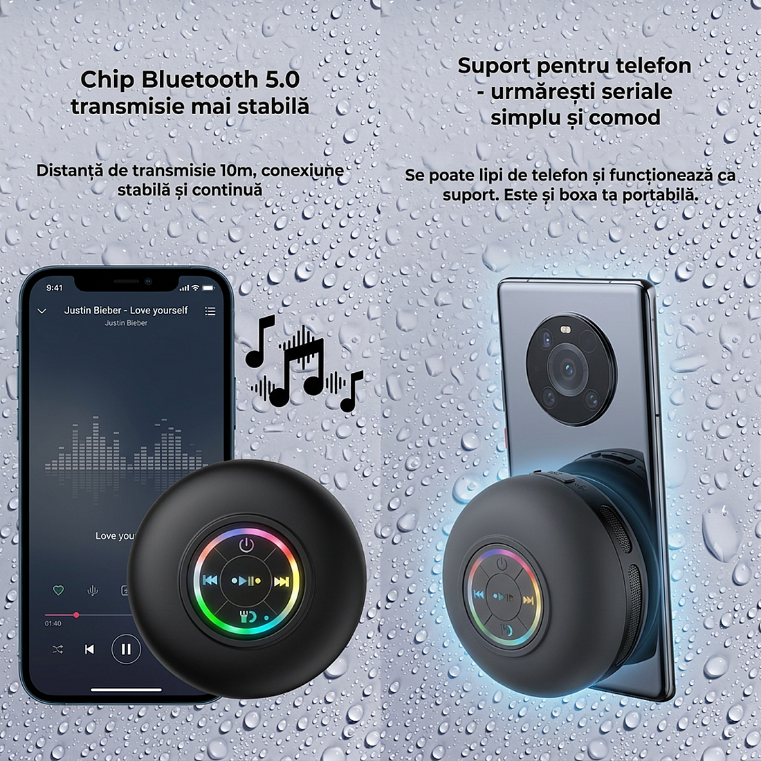 Set 2 Boxe Bluetooth Portabile Clickzu Waterproof IPX4, 3W, Bluetooth 5.0, LED RGB, Ventuza si Handsfree, Negru