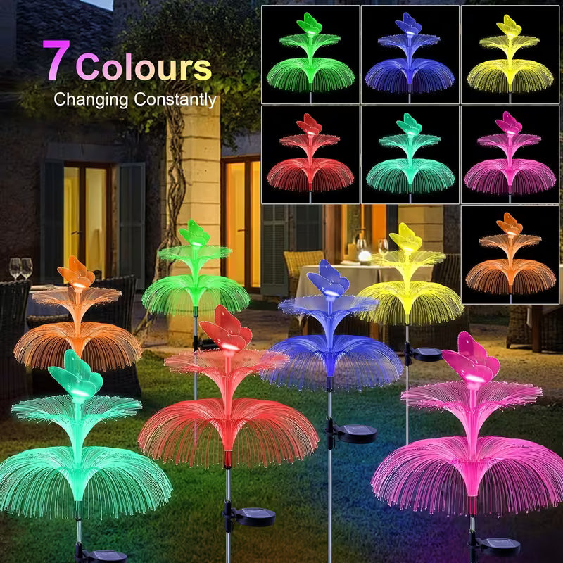 Set 2 Lampă solară decorativă, meduză, pentru grădină, cu lumină LED RGB, fibră optică, 7 culori