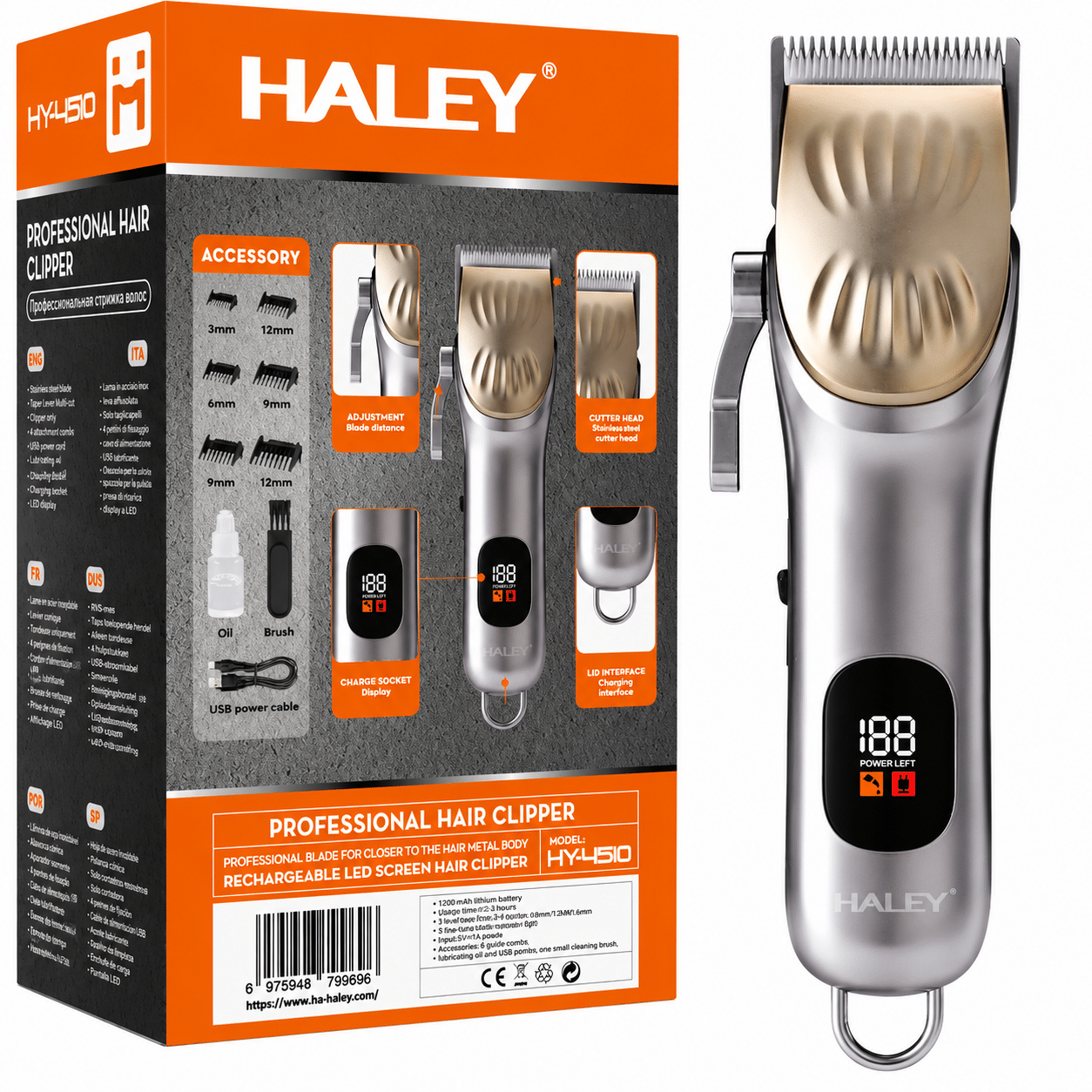 Mașină de Tuns Profesională HALEY HY-4510, Lamă Ceramică, 5 Trepte de Tăiere, Acumulator 1200mAh, Autonomie 120 Min, Încărcare USB Type-C, Display Digital