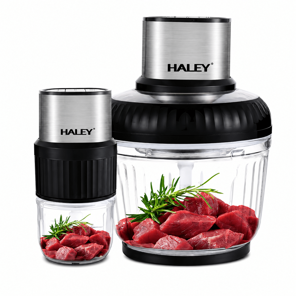 Tocător Electric Haley HY-1249, 500W, 2 Recipiente 2.5L + 0.5L, 3 Viteze, 4 + 6 Lame, Sticlă Borosilicată