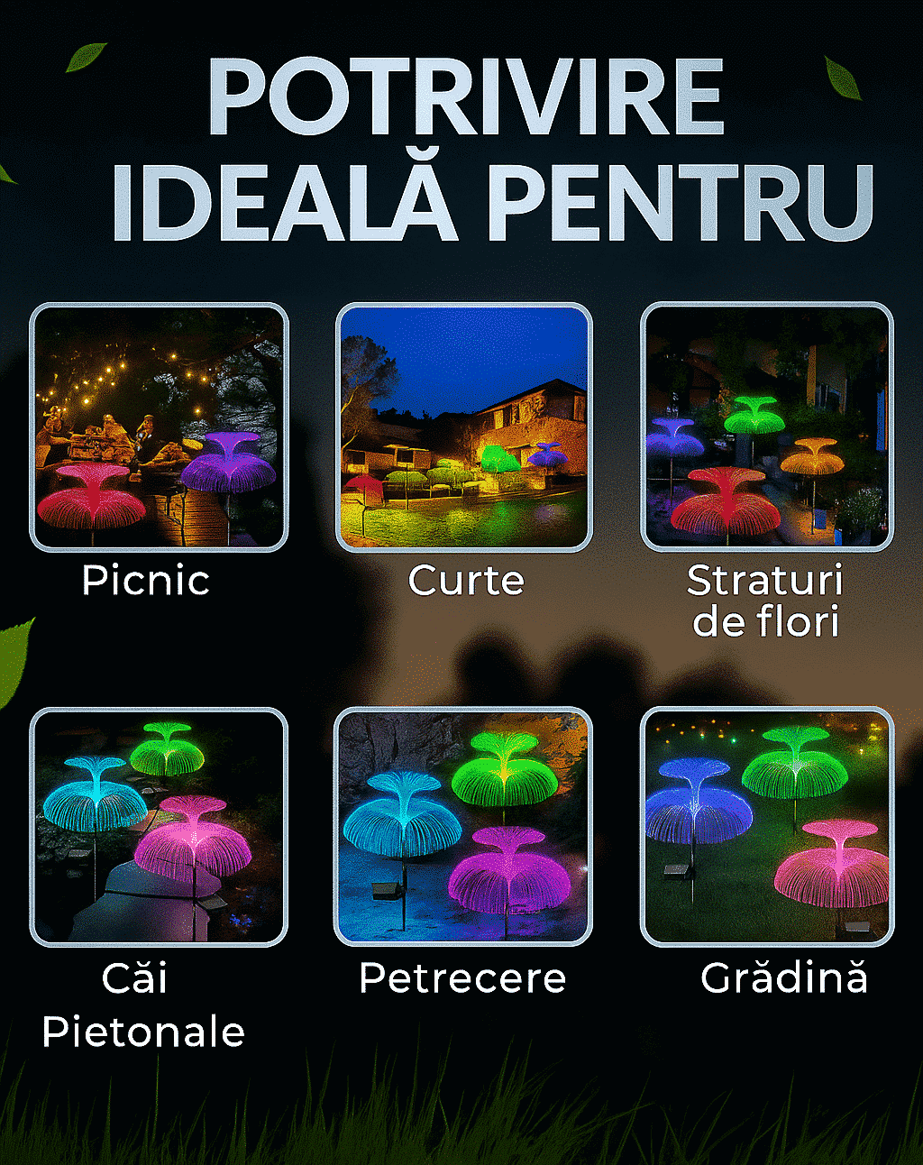 Set 2 Lampi solară decorativă, meduză, pentru grădină, cu lumină LED RGB, fibră optică, 7 culori