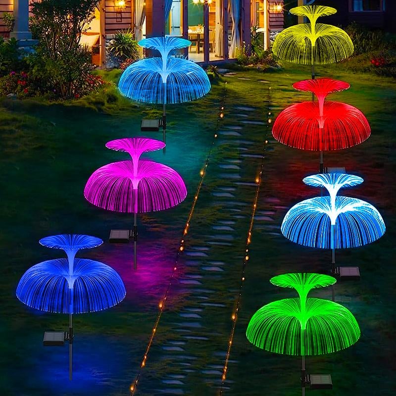 Set 2 Lampi solară decorativă, meduză, pentru grădină, cu lumină LED RGB, fibră optică, 7 culori