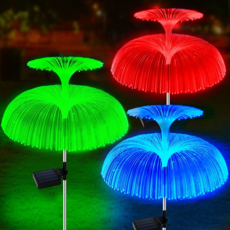 Set 2 Lampi solară decorativă, meduză, pentru grădină, cu lumină LED RGB, fibră optică, 7 culori