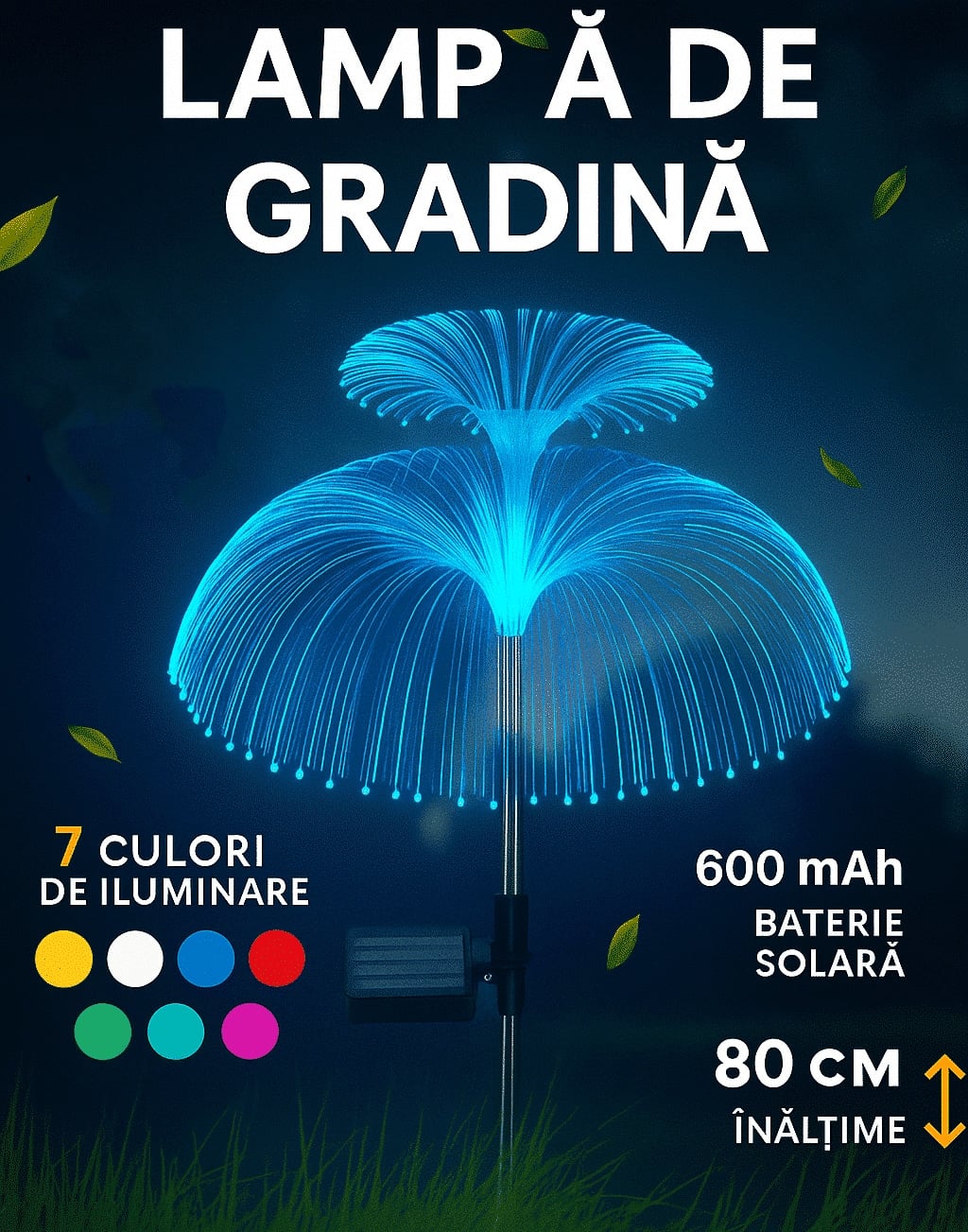 Set 2 Lampi solară decorativă, meduză, pentru grădină, cu lumină LED RGB, fibră optică, 7 culori