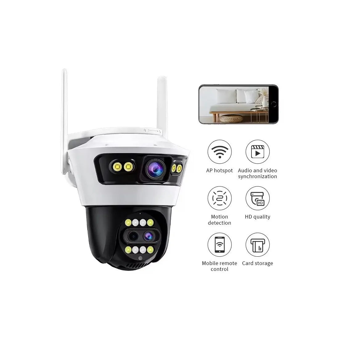 Camera Jortan4 Dubla, Conexiune Wifi, 2 Lentile V,Full HD, Interior/Exterior, Recunoastere faciala IP66 + CARD 32GB