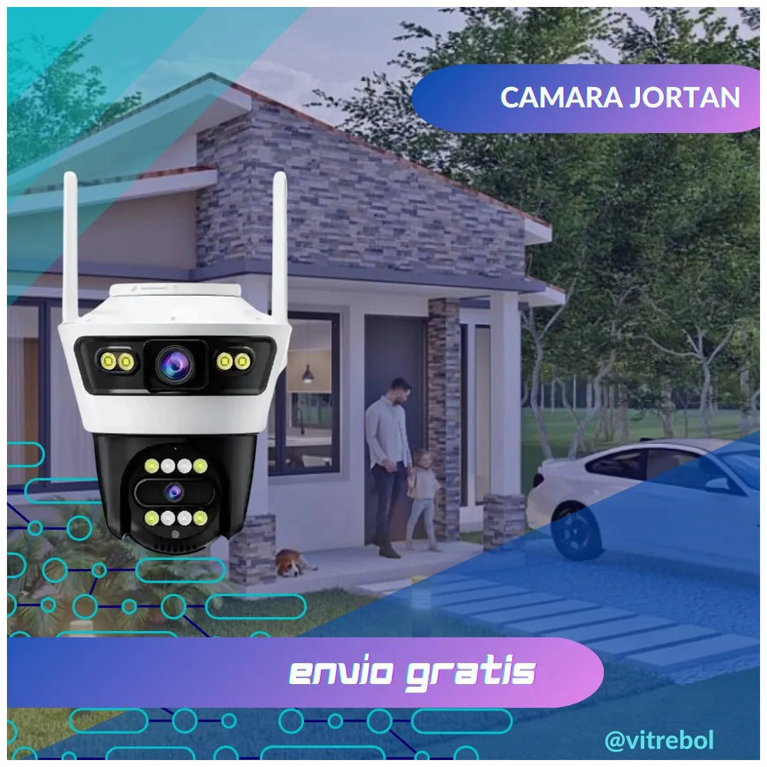 Camera Jortan4 Dubla, Conexiune Wifi, 2 Lentile V,Full HD, Interior/Exterior, Recunoastere faciala IP66 + CARD 32GB