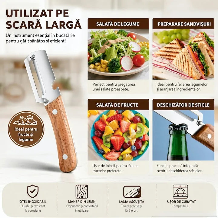 Curatator Legume 2 in 1 cu Deschizator de Sticle si Maner din Lemn, Otel Inoxidabil, Pentru Cartofi, Morcovi, Mere, Bostan