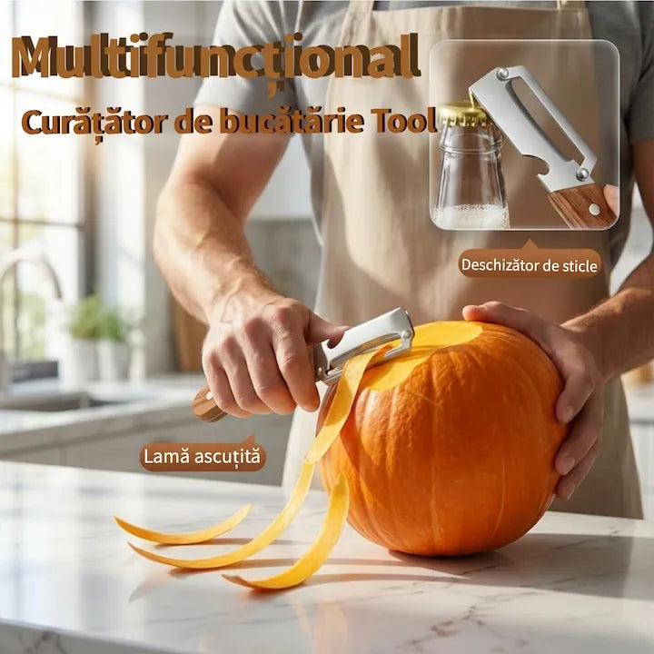 Curatator Legume 2 in 1 cu Deschizator de Sticle si Maner din Lemn, Otel Inoxidabil, Pentru Cartofi, Morcovi, Mere, Bostan
