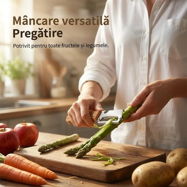 Curatator Legume 2 in 1 cu Deschizator de Sticle si Maner din Lemn, Otel Inoxidabil, Pentru Cartofi, Morcovi, Mere, Bostan
