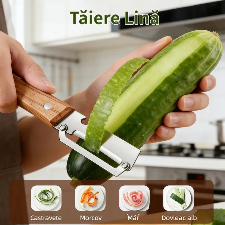 Curatator Legume 2 in 1 cu Deschizator de Sticle si Maner din Lemn, Otel Inoxidabil, Pentru Cartofi, Morcovi, Mere, Bostan