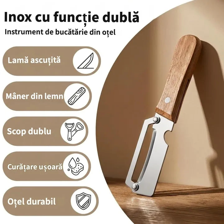 Curatator Legume 2 in 1 cu Deschizator de Sticle si Maner din Lemn, Otel Inoxidabil, Pentru Cartofi, Morcovi, Mere, Bostan