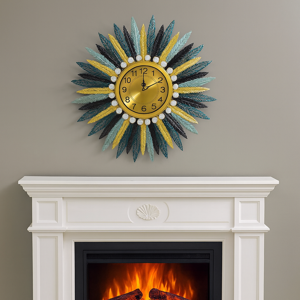 Ceas de Perete Decorativ Modern | Design Floare | Metal | 73 cm | Quartz | Auriu Multicolor