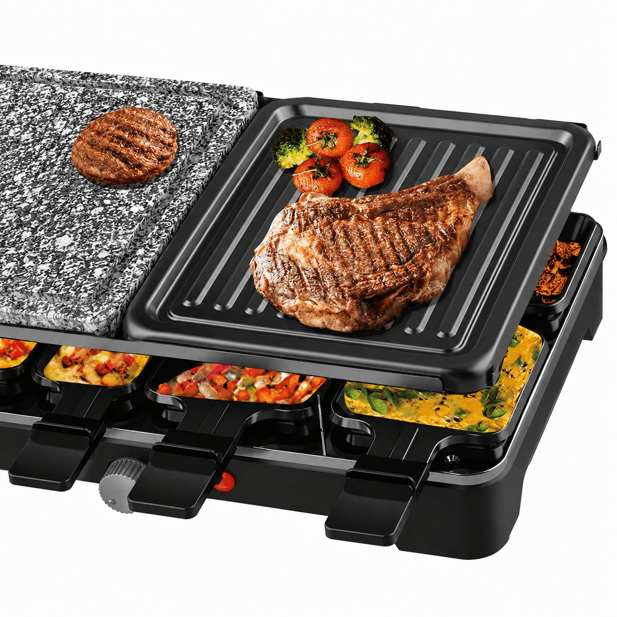 Grill Electric Multifuncțional HALEY HY-8610, 10 în 1, 1500W, Raclette cu 8 Tăvițe, Placă Grill și Piatră pentru Gătit, Temperatură Reglabilă