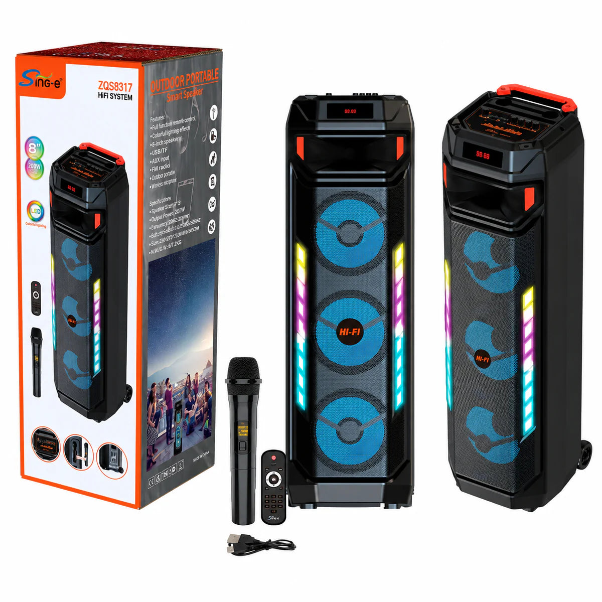 At Performance Vezi toate produsele Boxă Portabilă Karaoke Sing-e ZQS8317, Bluetooth, 3 Difuzoare 8", 60W, Microfon Wi-Fi Inclus, Telecomandă, LED RGB, Acumulator 4500mAh