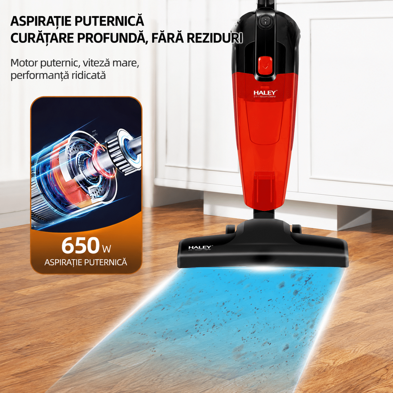 Aspirator Vertical 2 în 1 HALEY HY-1911, 650W, Recipient 1,2L, Tehnologie Ciclon, Filtrare în 4 Trepte, Rază 5 m
