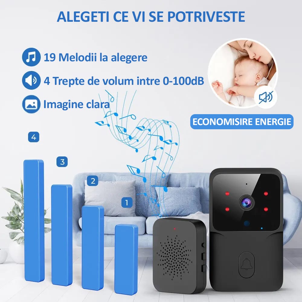 Sonerie wireless cu camera video, NEXTLY, rezolutie video HD 720p, vedere nocturna, microfon bidirectional, apel vocal si video, control prin aplicatie, 19 melodii, autonomie mare, distanta 30-50M int