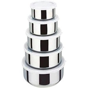 Set 5 caserole din inox prevazute cu capace din plastic transparent
