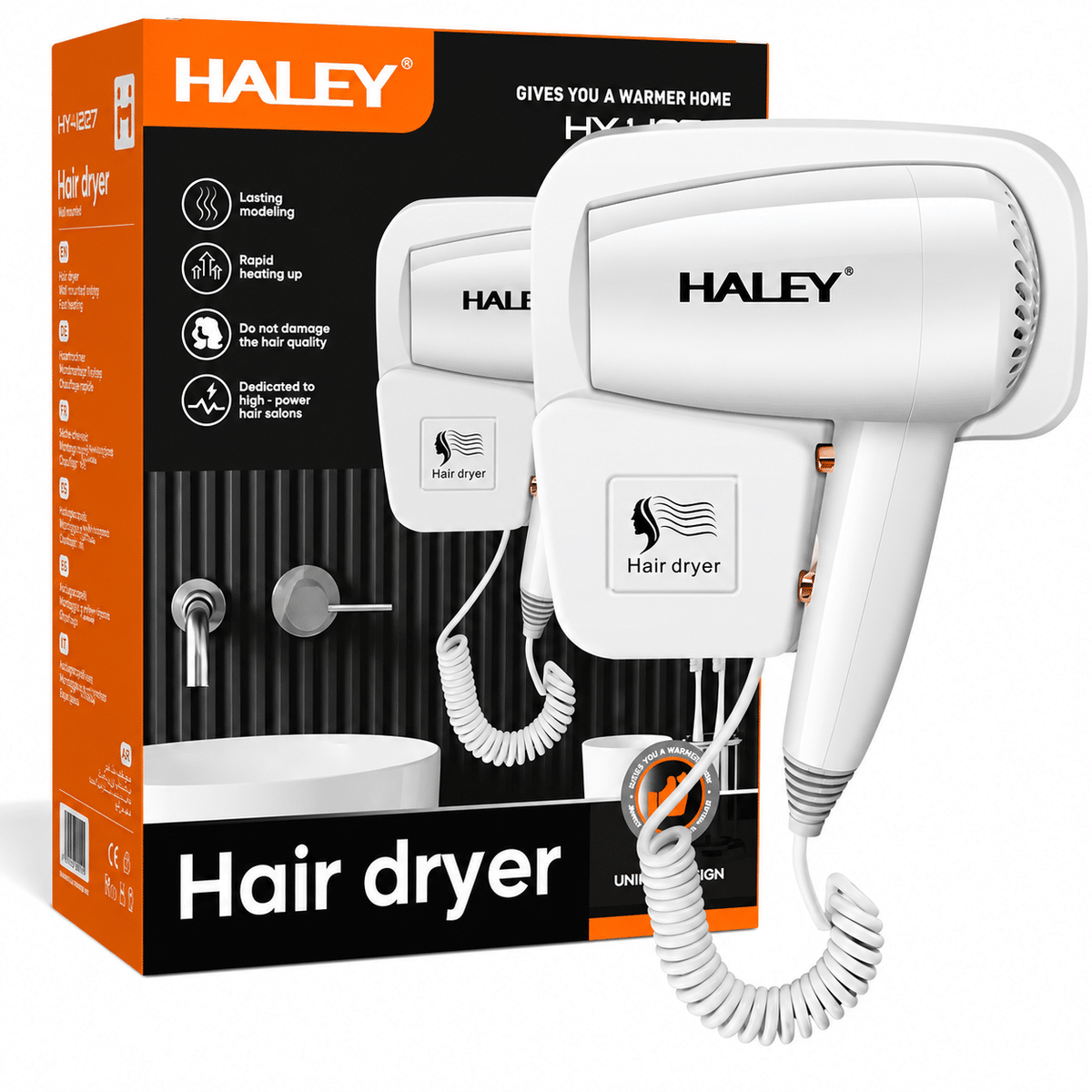 Uscător De Păr Cu Montare Pe Perete Haley HY-4027, 1300W, 3 Trepte De Temperatură, Cablu 2.2 m, Filtru Detașabil