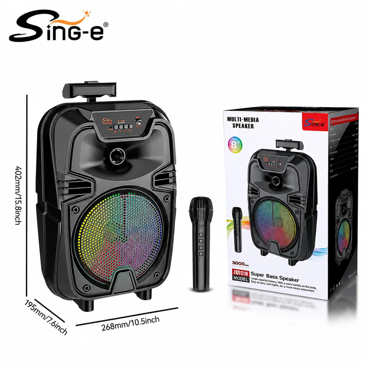 At Performance Vezi toate produsele Boxă Portabilă Bluetooth Sing-e® ZQS8188, 200W PMPO, Difuzor 8", Microfon Wireless, LED RGB, USB, TF Card, FM Radio, Telecomandă, Acumulator 3000mAh