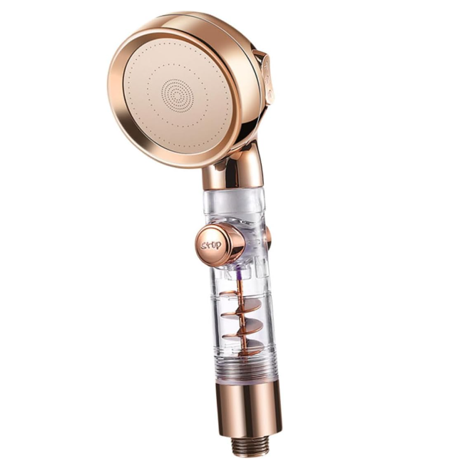 Cap de Dus Premium cu 3 Functii | Buton Stop | Presiune Ridicata | Design Slim | Economisire Apa | Montaj Universal | Auriu Mica descriere