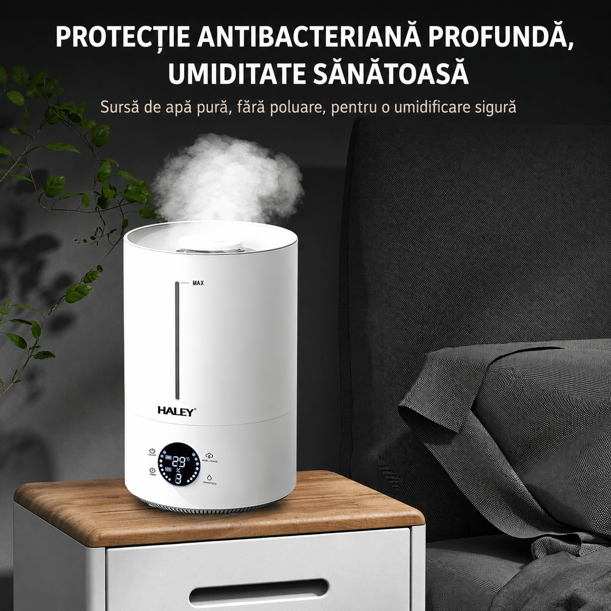 Umidificator de Aer HALEY HY-3101, Rezervor 5L, Umidificare 360°, Intensitate Reglabilă, Umplere de Sus, Panou Digital, 1000W, Alb