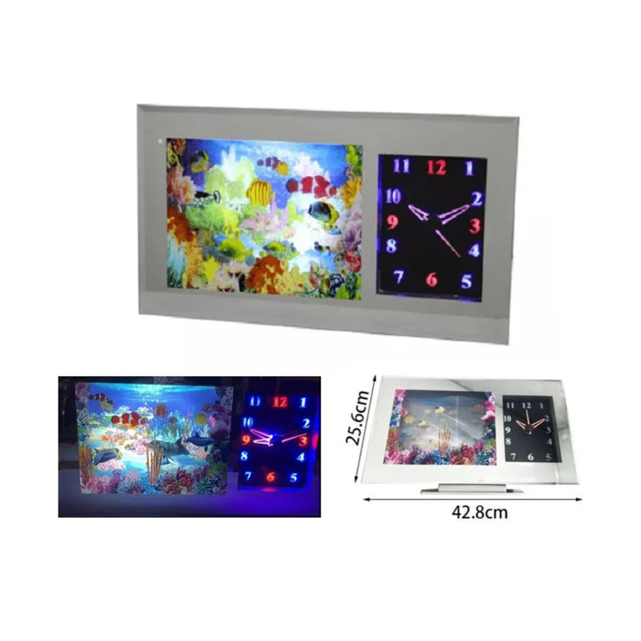 Ceas LED decorativ cu acvariu animat si pesti colorati in miscare si lumina ambientala, 42 x 25 x 9cm
