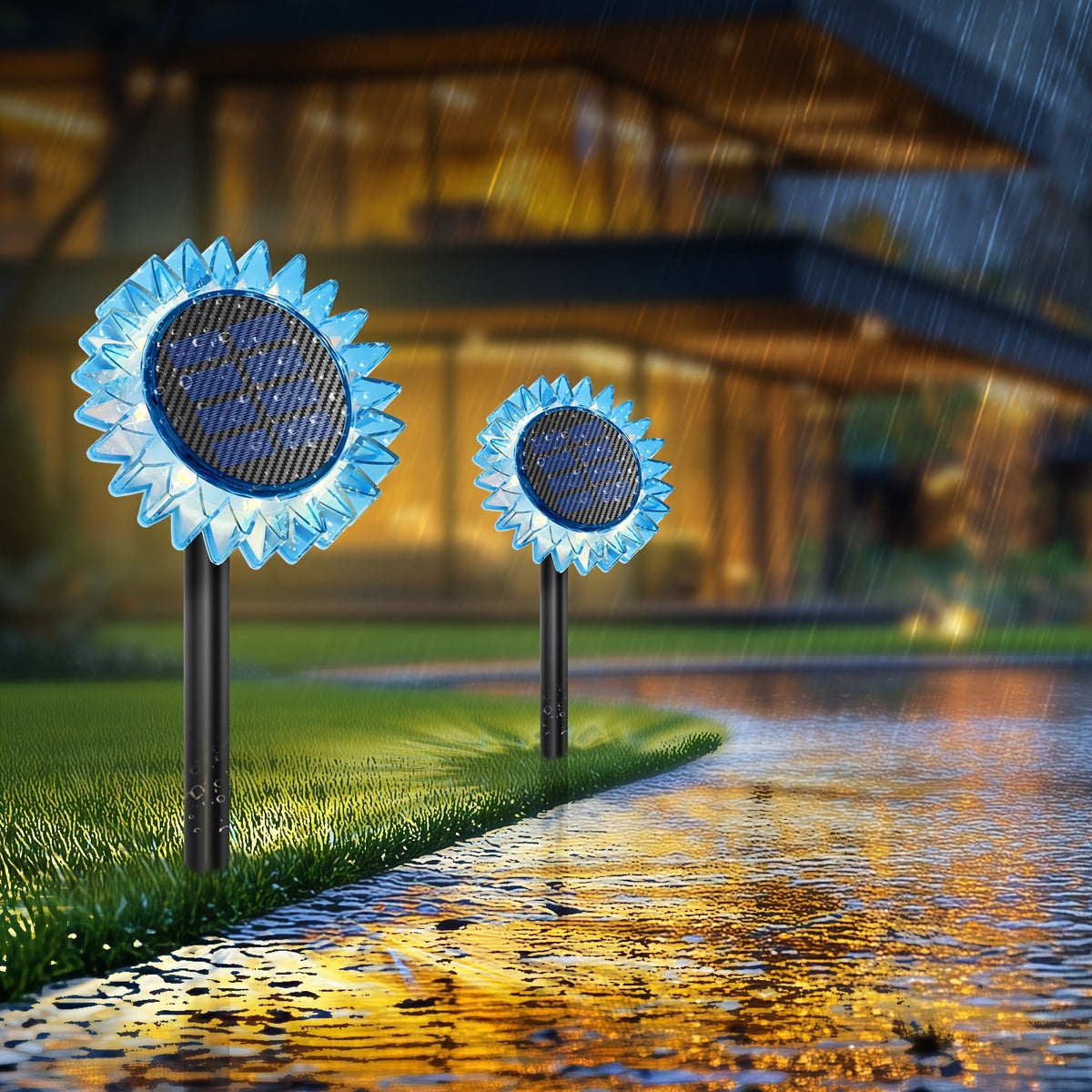 Lampa Solara Decorativa Floarea-Soarelui | LED Alb Cald | 9 LED-uri | Energie Solara | 35 cm | Albastru