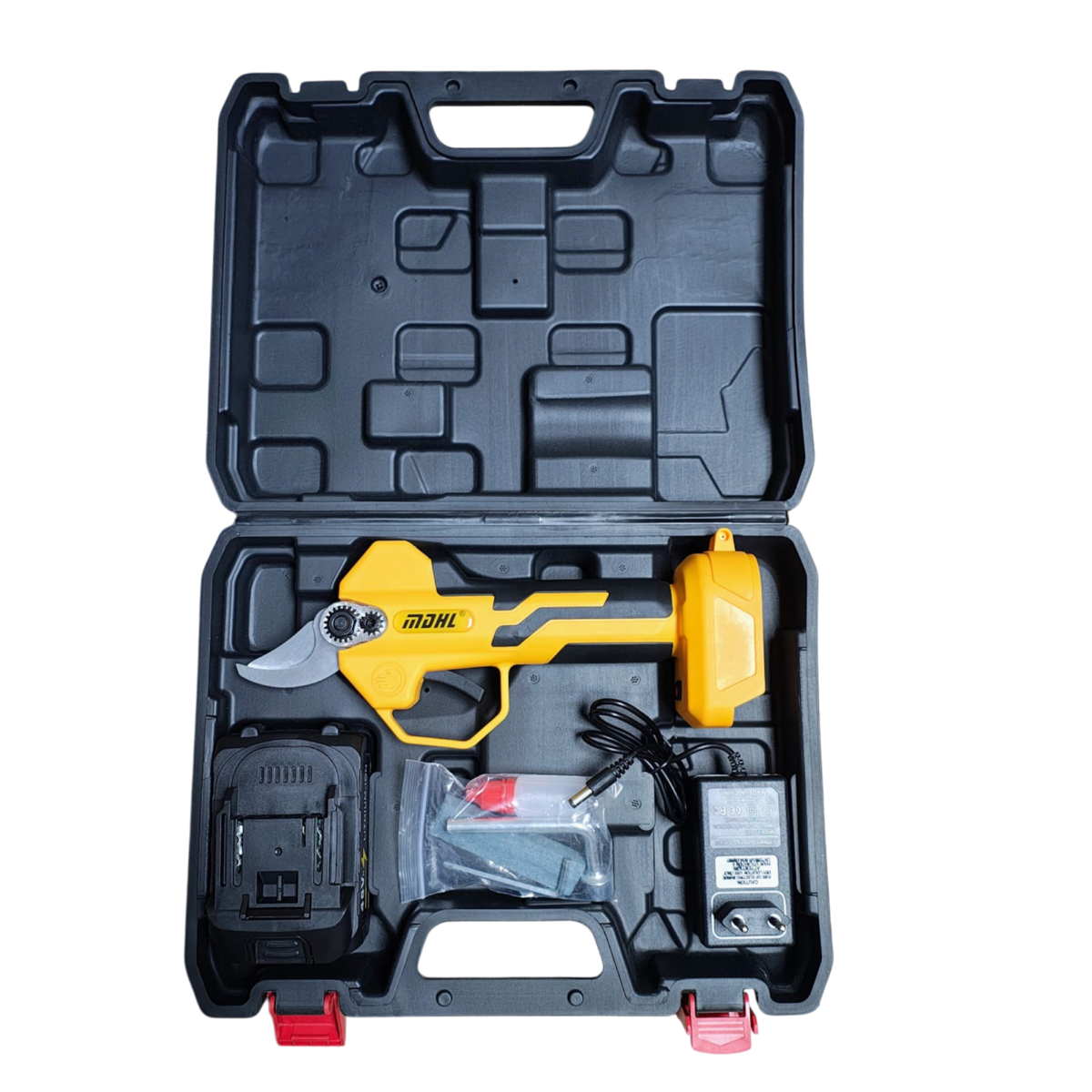 Foarfeca electrica de gradinarit, UNİBOX, portabila, acumulator 48V Li-Ion, galben-negru