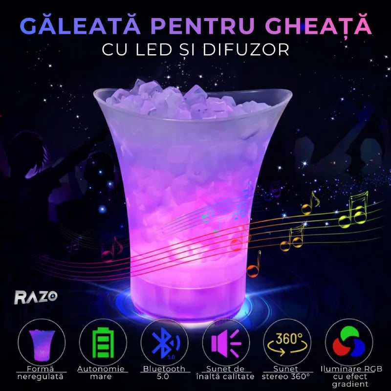 Frapiera LED Multifunctionala RAZO, Boxa bluetooth integrata, Iluminare RGB 7 culori, Reincarcabila USB, Raceste vin, sampanie, bere, Perfecta pentru petreceri, terasa, bar, evenimente
