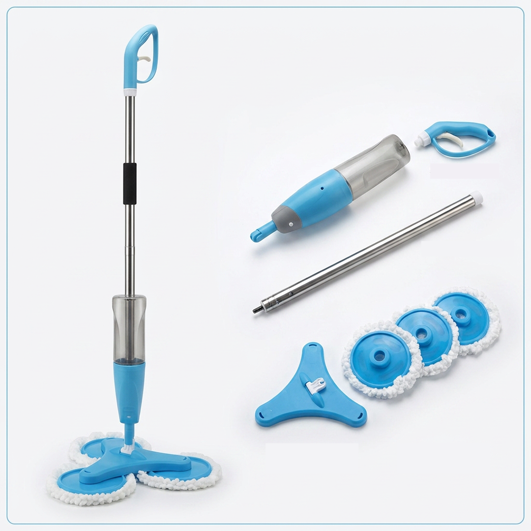Mop Spray Triplu cu Pulverizator | Rezervor 600 ml | 3 Capete Rotative | 3 Lavete Microfibra Reutilizabile | Pentru Toate Tipurile de Pardoseli
