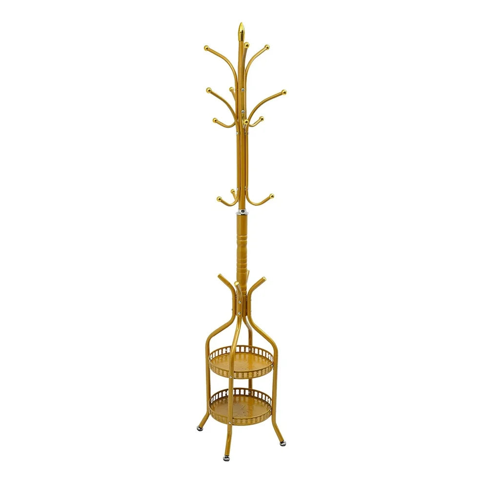 Cuier de Podea Metalic Auriu 34x189 cm cu Cârlige Multiple și 2 Rafturi Depozitare – Tip Hall Tree