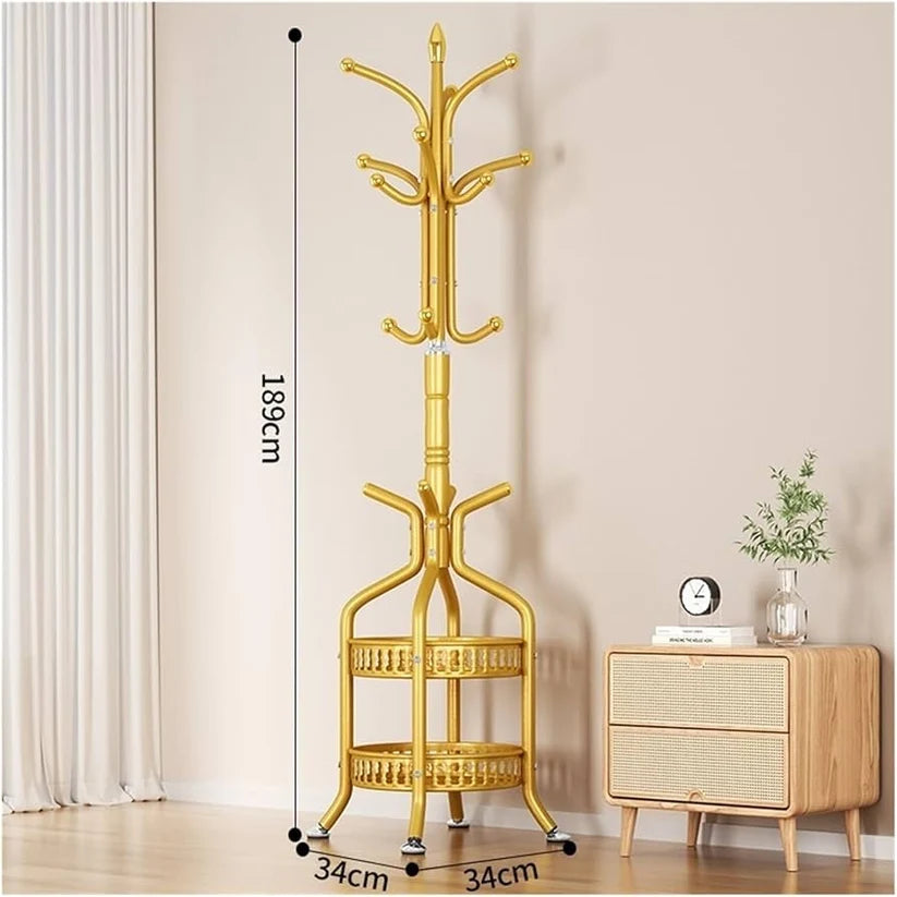 Cuier de Podea Metalic Auriu 34x189 cm cu Cârlige Multiple și 2 Rafturi Depozitare – Tip Hall Tree