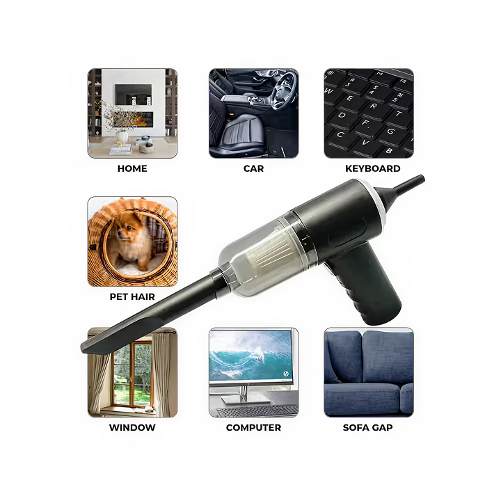 Aspirator Auto Portabil Fara Fir 3 in 1 | 120W 12000Pa | Baterie 4000mAh 30 Min | Functie Aspirare si Suflare | 4 Duze Incluse | Negru