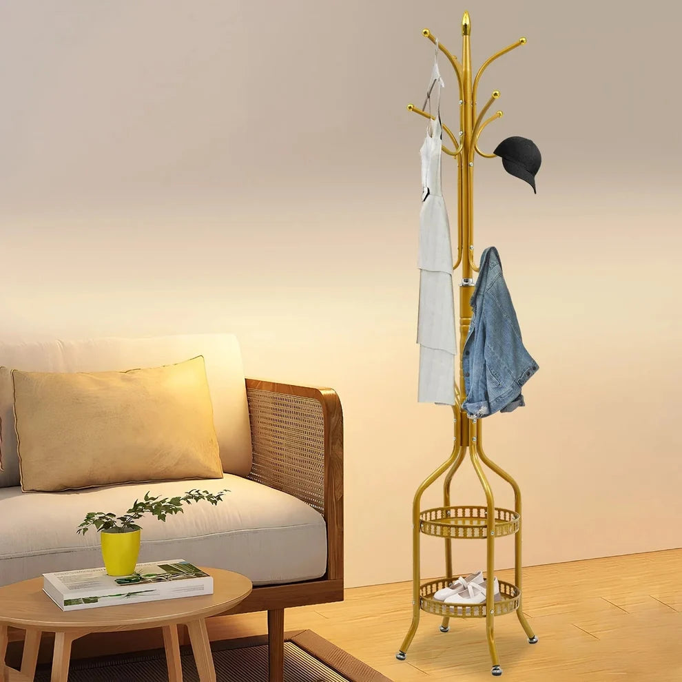 Cuier de Podea Metalic Auriu 34x189 cm cu Cârlige Multiple și 2 Rafturi Depozitare – Tip Hall Tree