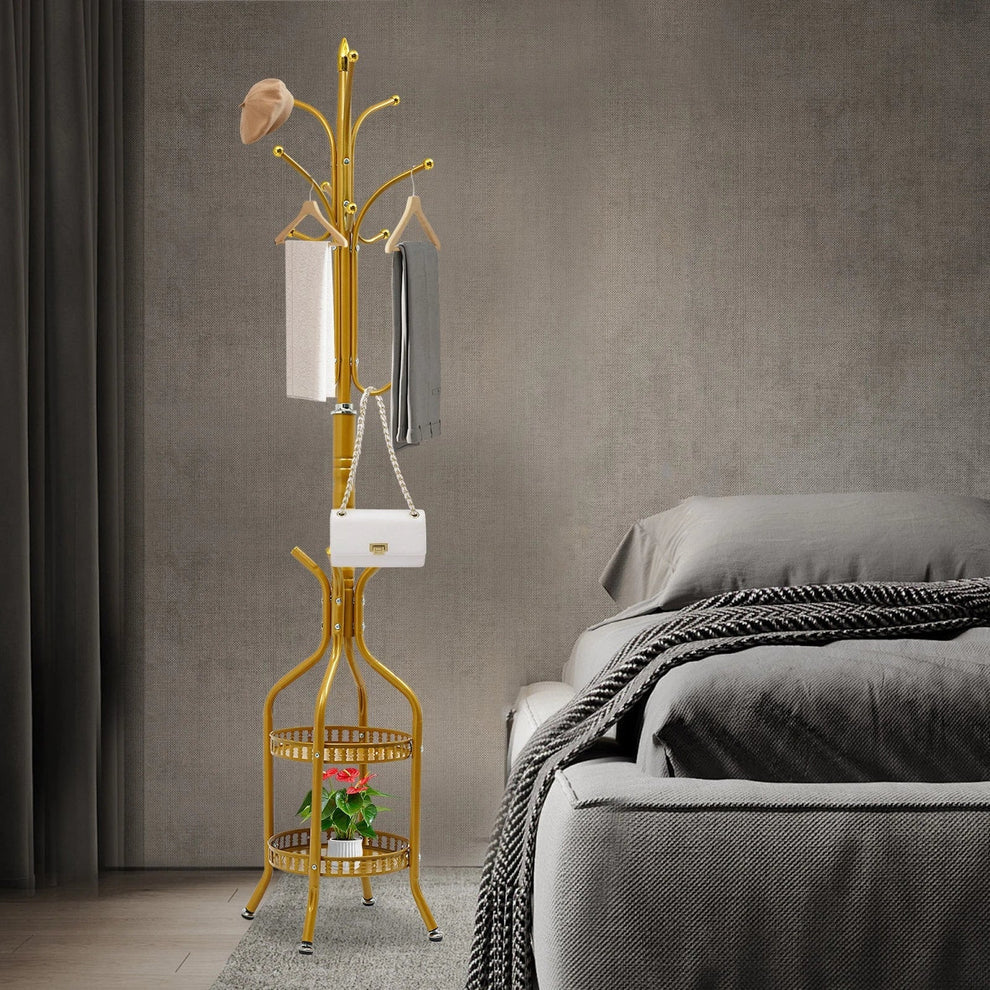 Cuier de Podea Metalic Auriu 34x189 cm cu Cârlige Multiple și 2 Rafturi Depozitare – Tip Hall Tree