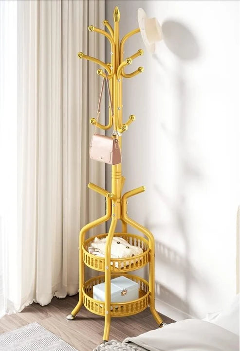 Cuier de Podea Metalic Auriu 34x189 cm cu Cârlige Multiple și 2 Rafturi Depozitare – Tip Hall Tree