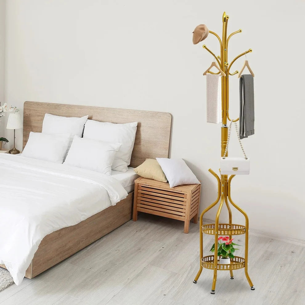 Cuier de Podea Metalic Auriu 34x189 cm cu Cârlige Multiple și 2 Rafturi Depozitare – Tip Hall Tree