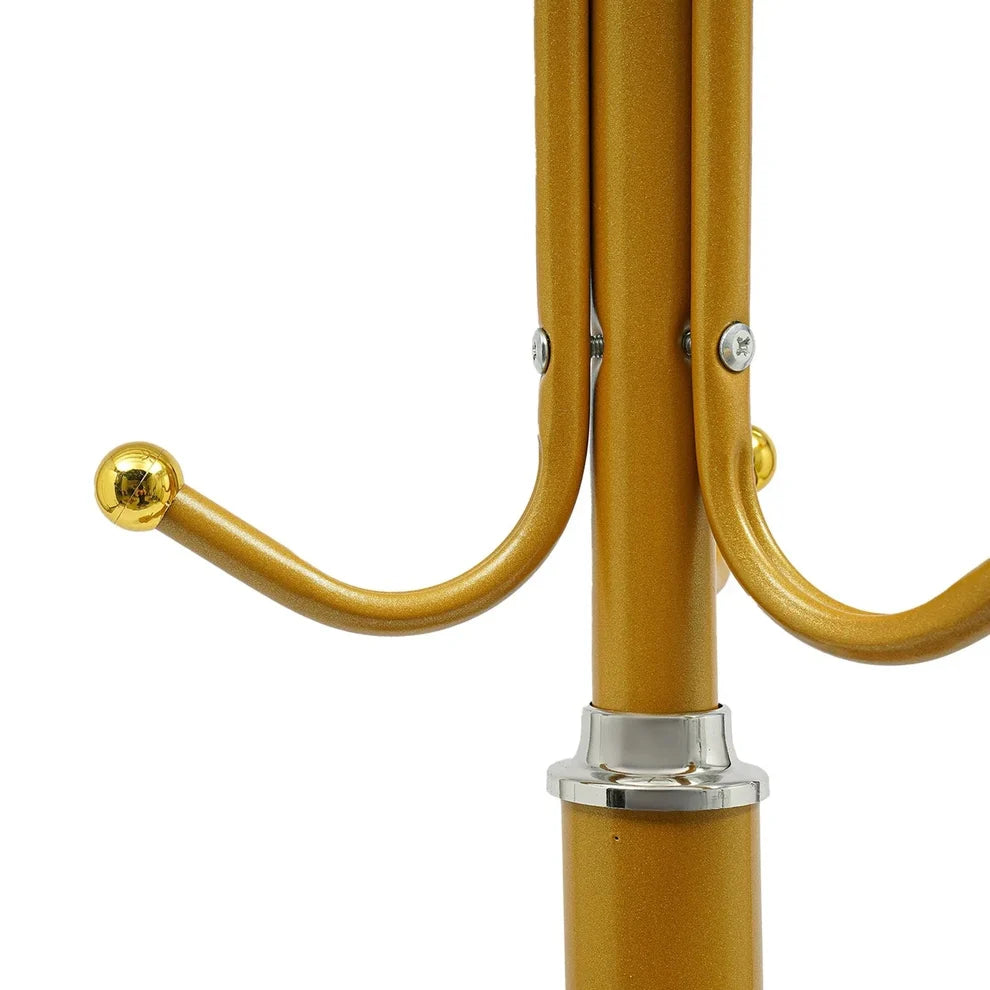 Cuier de Podea Metalic Auriu 34x189 cm cu Cârlige Multiple și 2 Rafturi Depozitare – Tip Hall Tree