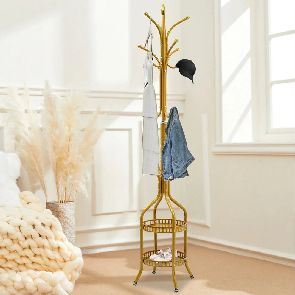 Cuier de Podea Metalic Auriu 34x189 cm cu Cârlige Multiple și 2 Rafturi Depozitare – Tip Hall Tree