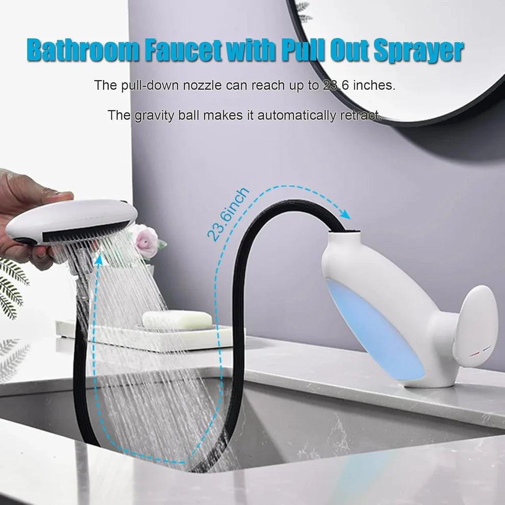 Baterie Chiuveta Baie Premium cu 4 Tipuri de Jet Promagg – Cap Retractabil si Iluminare LED - ALB