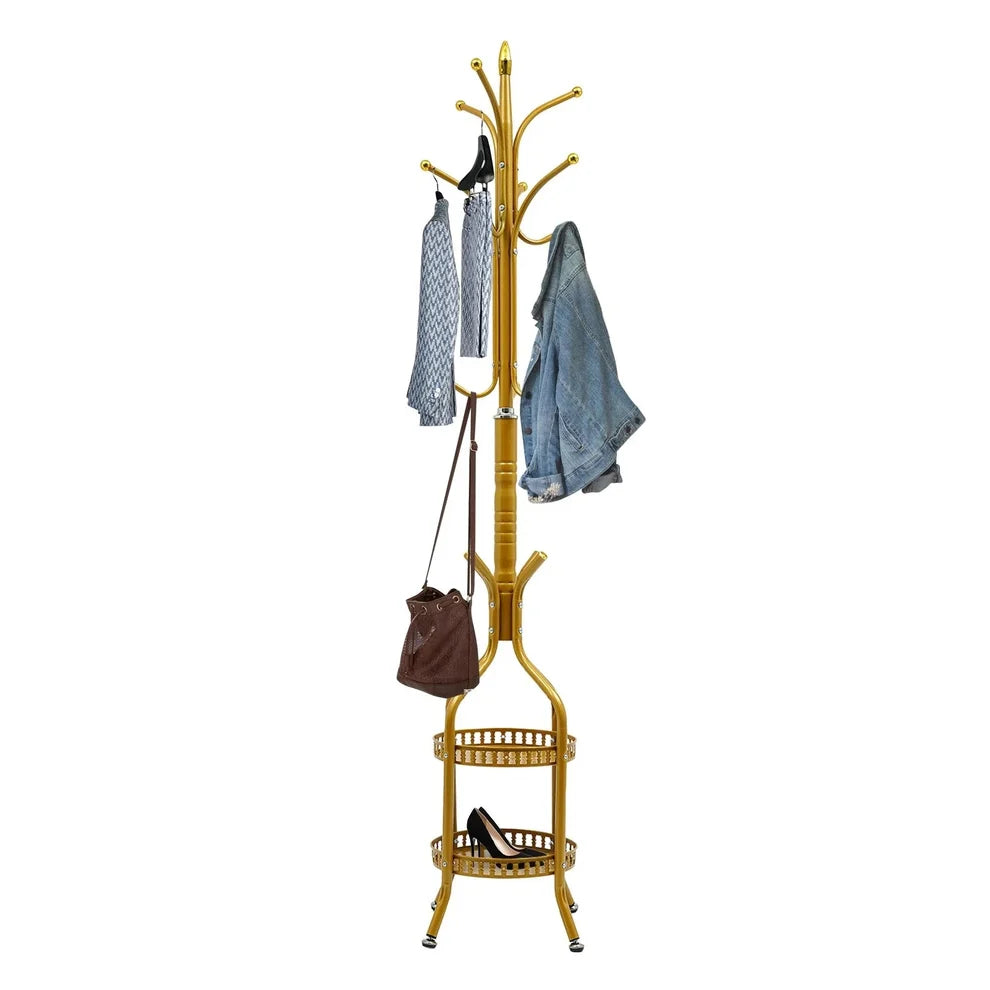 Cuier de Podea Metalic Auriu 34x189 cm cu Cârlige Multiple și 2 Rafturi Depozitare – Tip Hall Tree