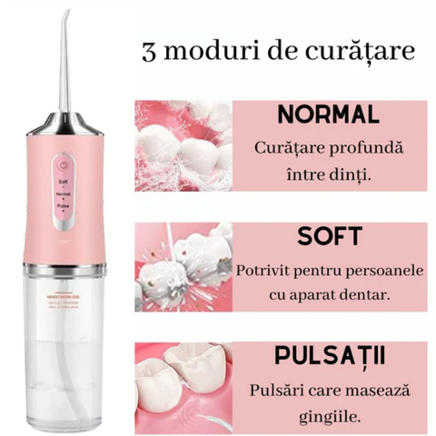 1+1 GRATIS! Irigator Bucal Portabil cu 4 Capete și 3 Moduri de Curățare