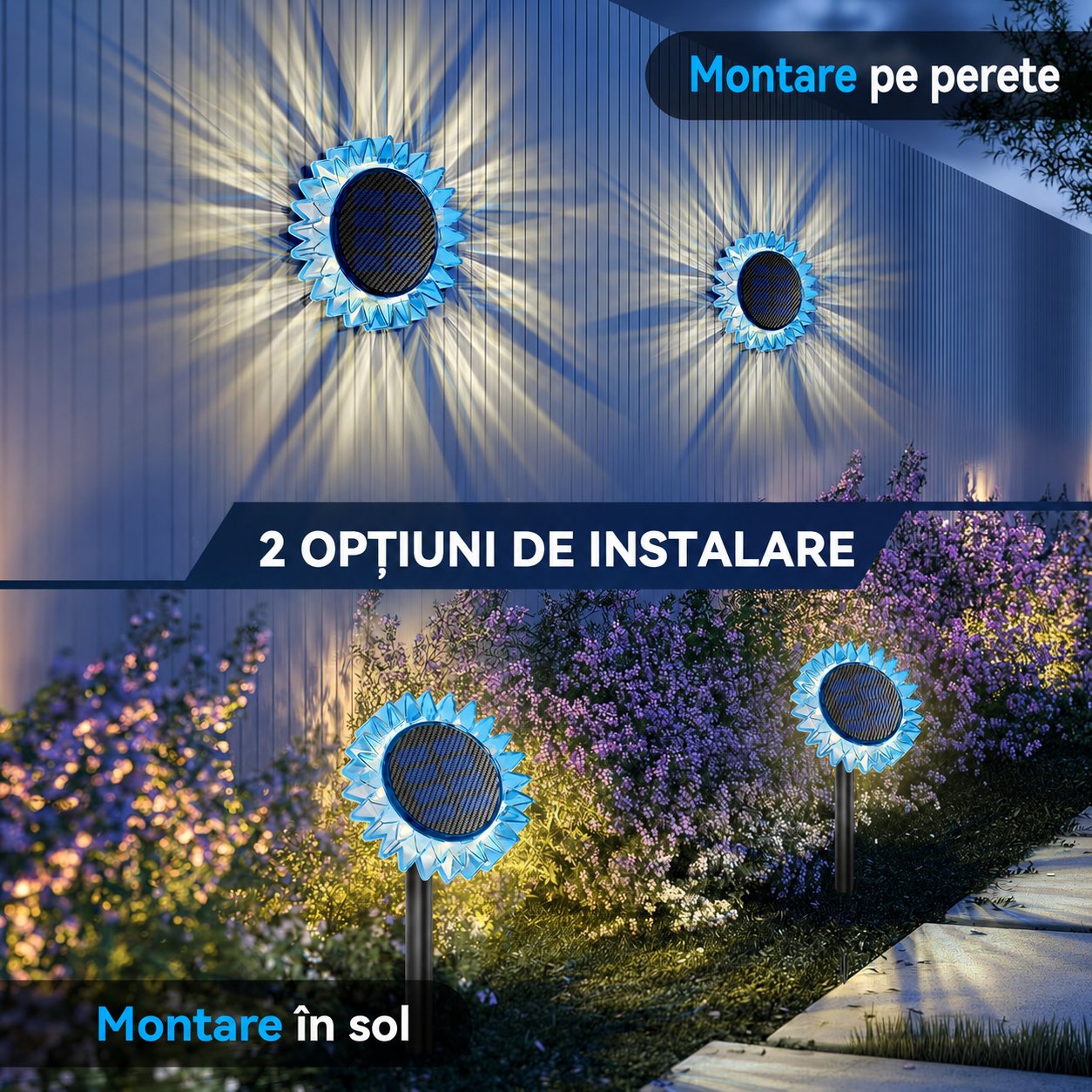 Lampa Solara Decorativa Floarea-Soarelui | LED Alb Cald | 9 LED-uri | Energie Solara | 35 cm | Albastru