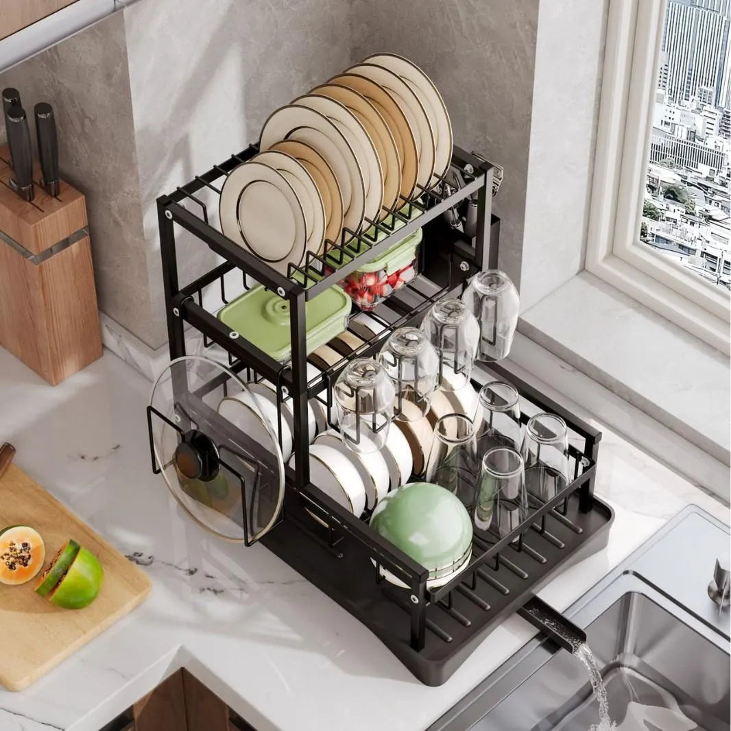 Kdhome Scurgator de Vase Bucatarie CleanRack, Metalic, Scurgere Automata Apa, Uscator Integrat, Negru