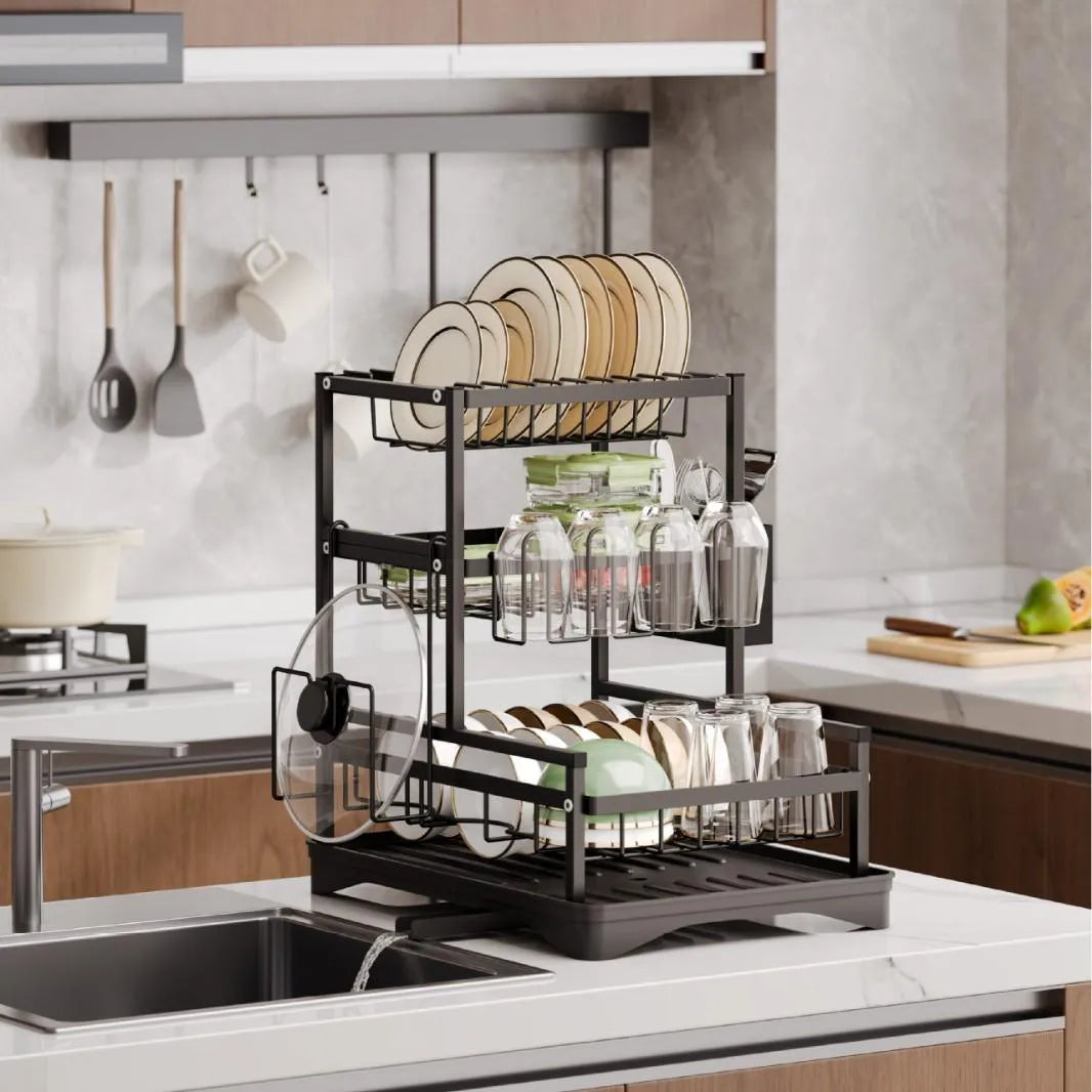 Kdhome Scurgator de Vase Bucatarie CleanRack, Metalic, Scurgere Automata Apa, Uscator Integrat, Negru
