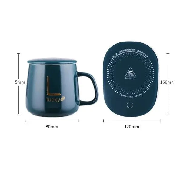 Cană Ceramică Inteligentă pentru Încălzire Automată a Băuturilor – 55°C, cu Suport USB, Capac și Linguriță, 350 ml