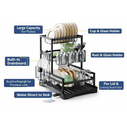 Kdhome Scurgator de Vase Bucatarie CleanRack, Metalic, Scurgere Automata Apa, Uscator Integrat, Negru